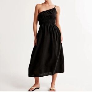 One Shoulder Black Midi Dress